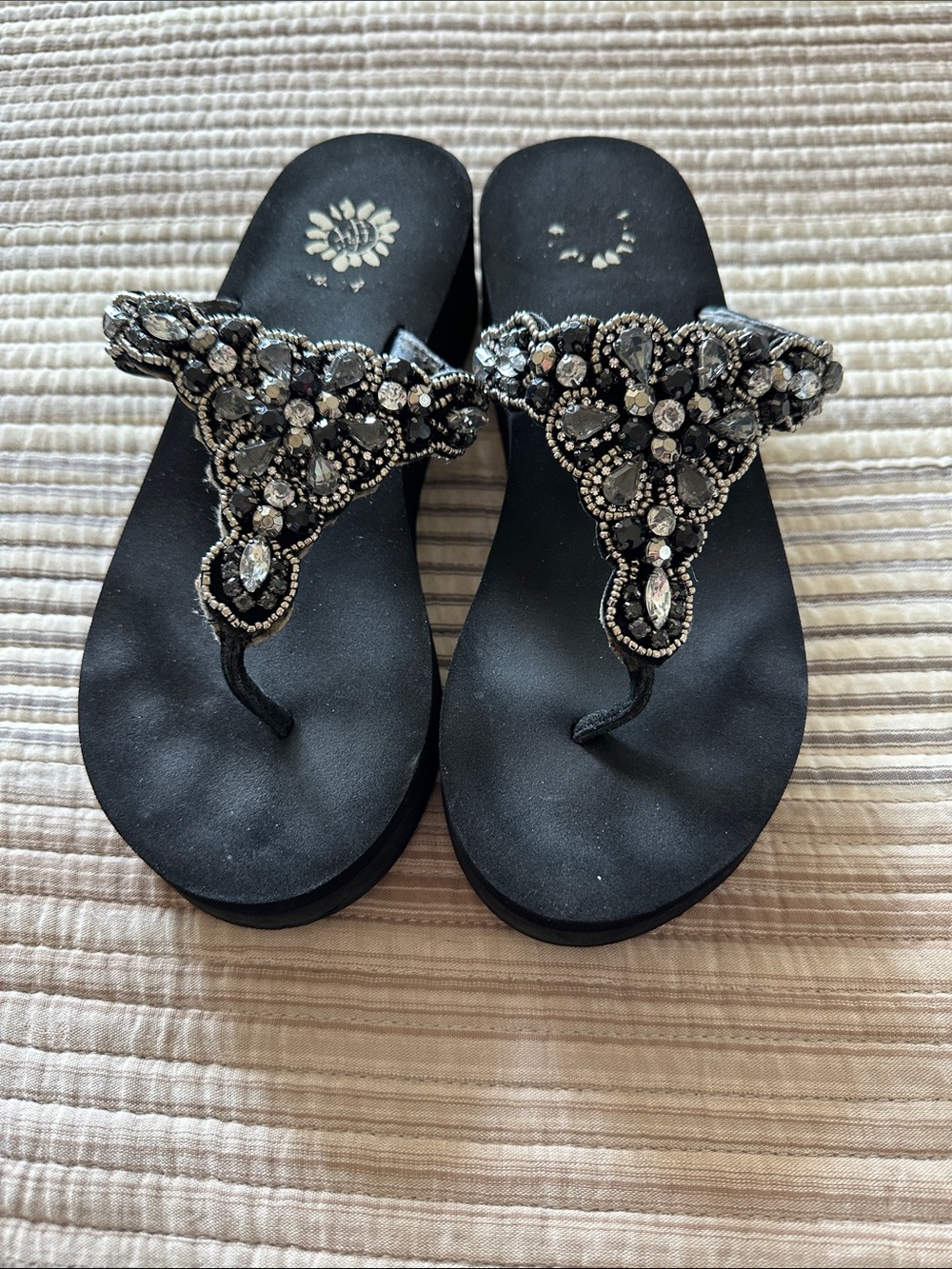 Yellow Box Black Jeweled T-Strap Sandals